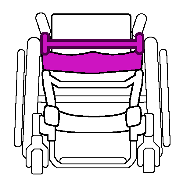 A black and white rigid wheelchair from the front with a pink seat and a measurement line from one end of the seat to the other.